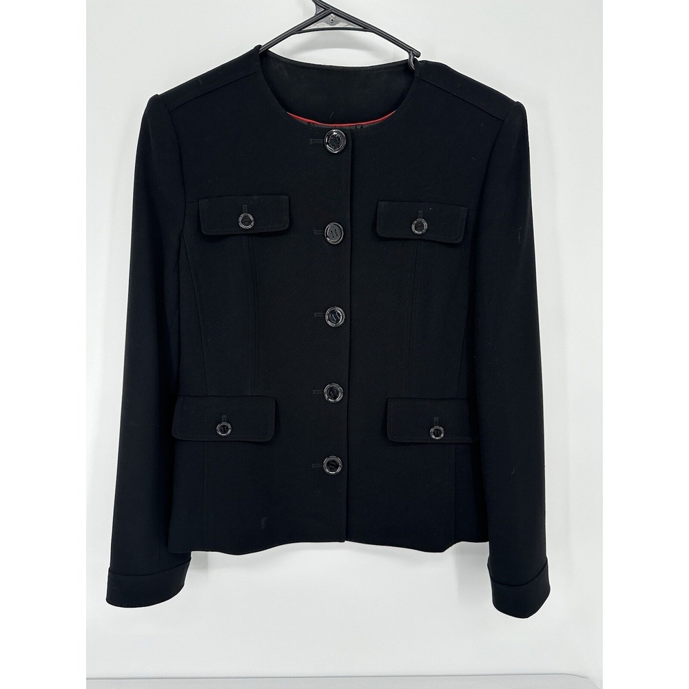 Calvin Klein Vintage Black Blazer Button Up 5-Button‎ Collarless Pockets Size 4